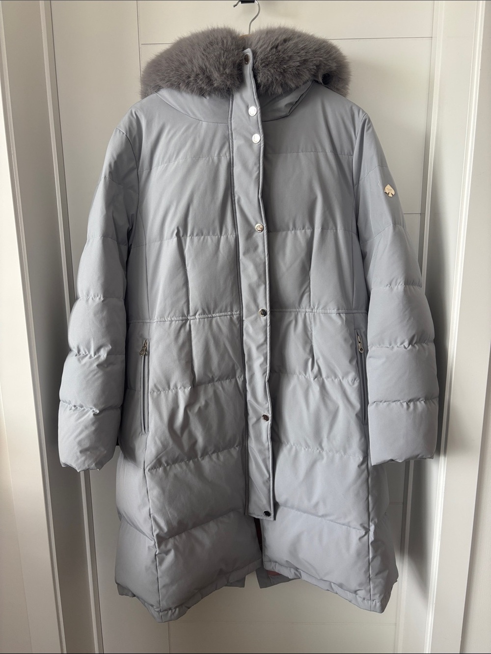 kate spade Light Gray Long Down Puffer Coat with Fur Trim